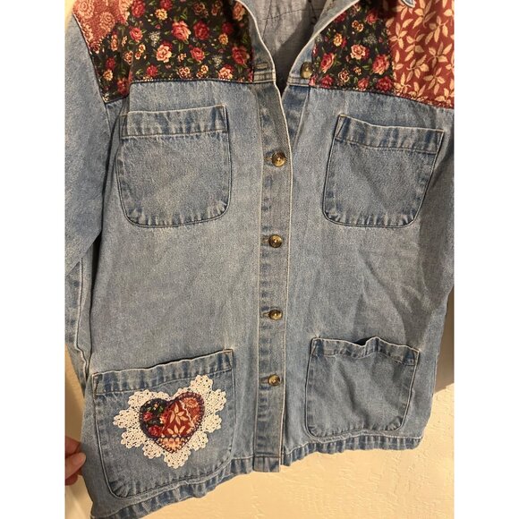Blue Denim Jean Patchwork 90’s Floral Lace Jacket - Picture 4 of 10